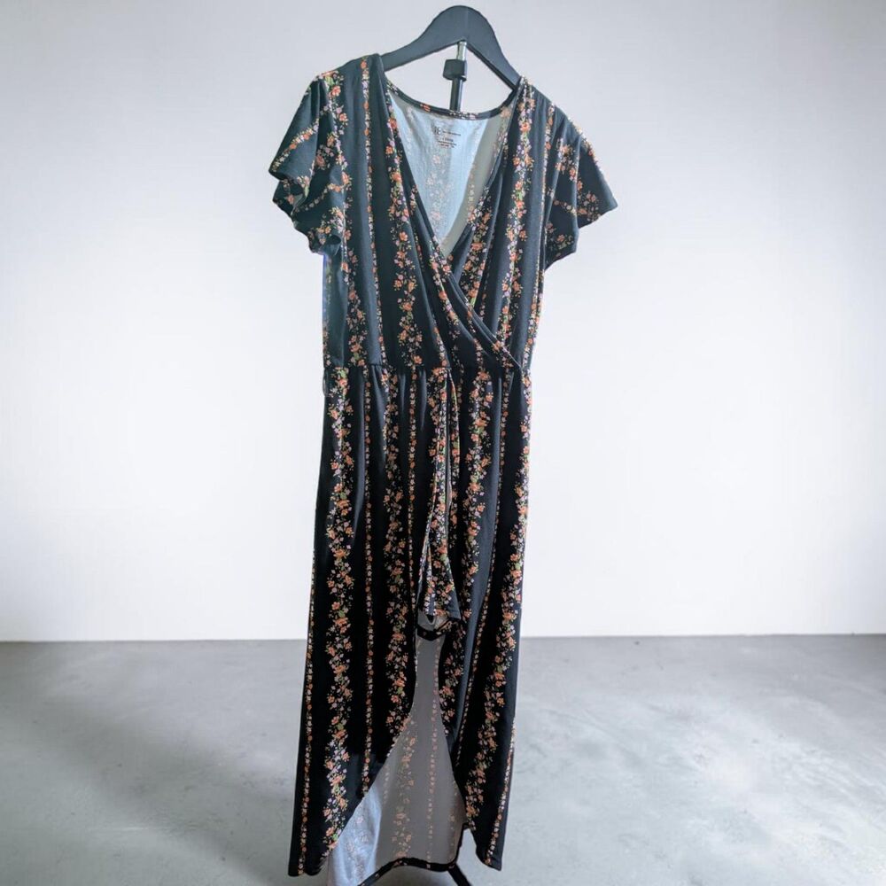 Black Floral Romper Dress, Cottagecore Boho Skort Romper, Floral Faux Wrap Dress - Picture 2 of 7